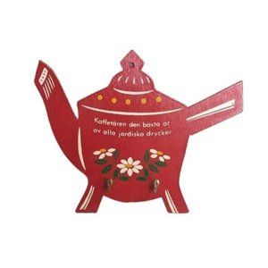 Handpainted Tea Kettle Pot Wooden Key Holder 2 Hooks Sweden Flowers Red Vtg